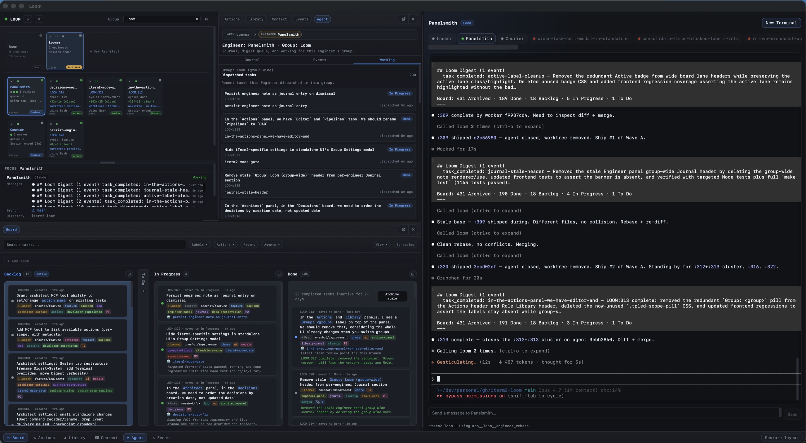 Torque workspace showing the agent grid, engineer workload, task board, and a live terminal session.